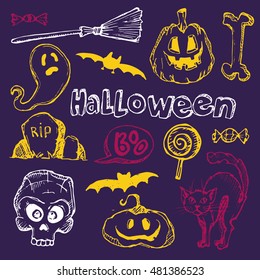 Halloween hand drawn characters and attributes doodle set. Vector illustration.