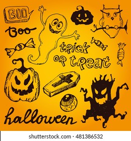 Halloween hand drawn characters and attributes doodle set. Vector illustration.