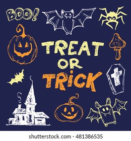 Halloween hand drawn characters and attributes doodle set. Vector illustration.