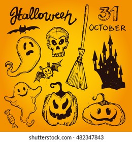 Halloween hand drawn characters and attributes doodle set. Vector illustration.