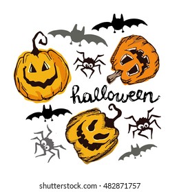 Halloween hand drawn characters and attributes doodle set. Pumpkin Jack. Vector illustration.
