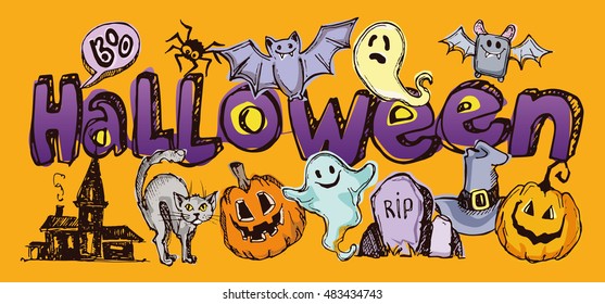 Halloween Hand Drawn Characters Attributes Doodle Stock Vector Royalty Free 483434743 