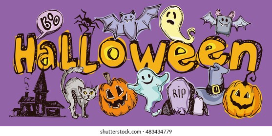 Halloween hand drawn characters and attributes doodle set. Halloween vector illustration. Vector illustration.