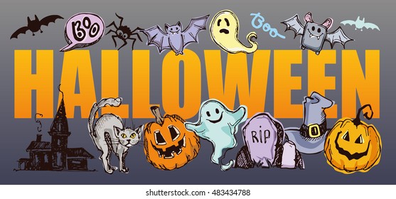 Halloween hand drawn characters and attributes doodle set. Halloween vector illustration. Vector illustration.