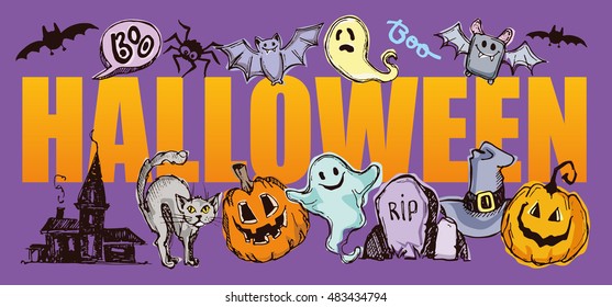 Halloween hand drawn characters and attributes doodle set. Halloween vector illustration. Vector illustration.