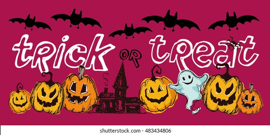 Halloween hand drawn characters and attributes doodle set. Halloween vector illustration. Vector illustration.