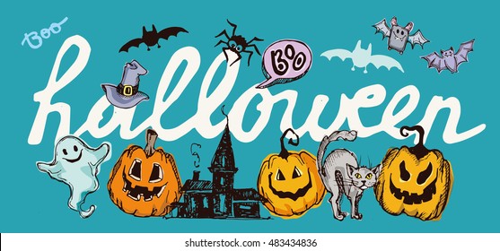 Halloween hand drawn characters and attributes doodle set. Halloween vector illustration. Vector illustration.