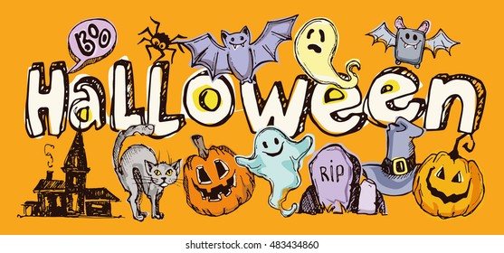 Halloween hand drawn characters and attributes doodle set. Halloween vector illustration. Vector illustration.