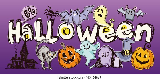 Halloween hand drawn characters and attributes doodle set. Halloween vector illustration. Vector illustration.