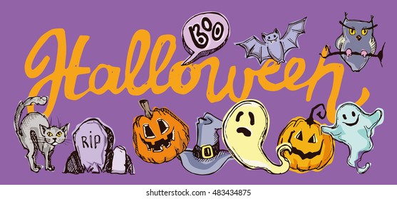 Halloween hand drawn characters and attributes doodle set. Halloween vector illustration. Vector illustration.
