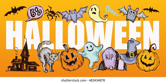 Halloween hand drawn characters and attributes doodle set. Halloween vector illustration. Vector illustration.