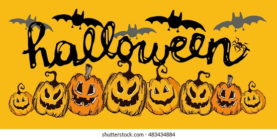 Halloween hand drawn characters and attributes doodle set. Halloween vector illustration. Vector illustration.