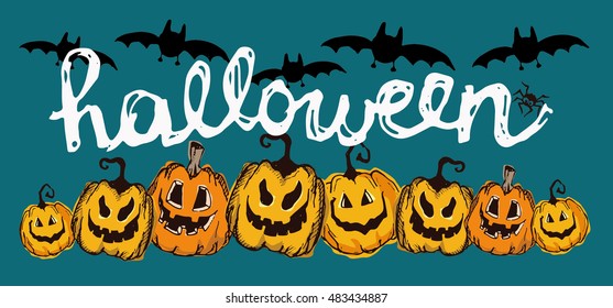 Halloween hand drawn characters and attributes doodle set. Halloween vector illustration. Vector illustration.