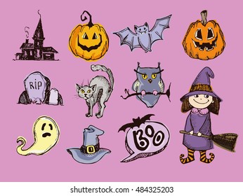Halloween hand drawn characters and attributes doodle set. Halloween vector illustration. Vector illustration.