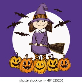 Halloween hand drawn characters and attributes doodle set. Halloween vector illustration. Vector illustration.