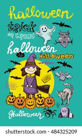 Halloween hand drawn characters and attributes doodle set. Halloween vector illustration. Vector illustration.