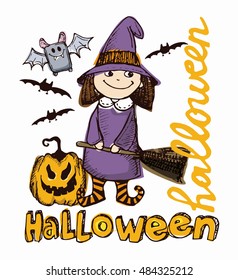 Halloween hand drawn characters and attributes doodle set. Halloween vector illustration. Vector illustration.