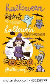 Halloween hand drawn characters and attributes doodle. Cute witch. Bat, Pumpkin. Halloween Vector illustration.