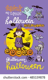 Halloween hand drawn characters and attributes doodle. Cute witch. Bat, Pumpkin. Halloween Vector illustration.