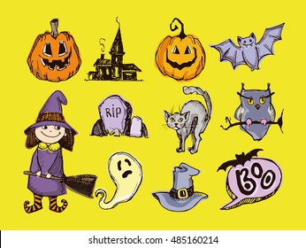 Halloween hand drawn characters and attributes doodle. Cute witch. Bat, Pumpkin. Castle. Cat. Halloween Vector illustration.