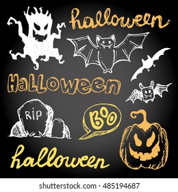 Halloween hand drawn characters and attributes doodle set. Vector illustration.