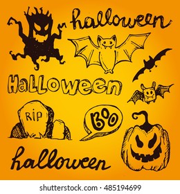 Halloween hand drawn characters and attributes doodle set. Vector illustration.