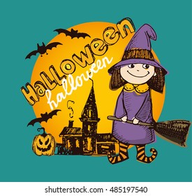 Halloween hand drawn characters and attributes doodle set. Halloween vector illustration. Little witch. Vector illustration.