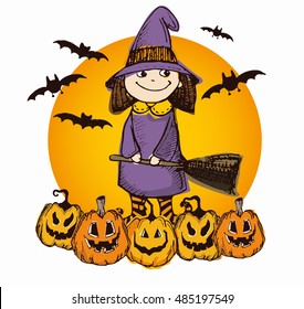 Halloween hand drawn characters and attributes doodle set. Halloween vector illustration. Little witch. Vector illustration.