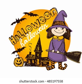 Halloween hand drawn characters and attributes doodle set. Halloween vector illustration. Little witch. Vector illustration.