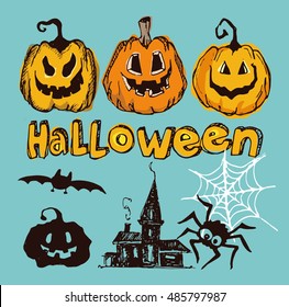 Halloween hand drawn characters and attributes doodle. Bat, Pumpkin. Castle. Spider. Halloween Vector illustration.
