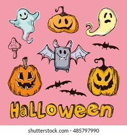 Halloween hand drawn characters and attributes doodle. Bat, Pumpkin. Halloween Vector illustration.