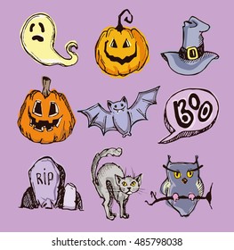 Halloween hand drawn characters and attributes doodle. Bat, Pumpkin. 