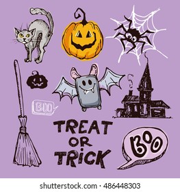 Halloween hand drawn characters and attributes doodle. Halloween Vector illustration.