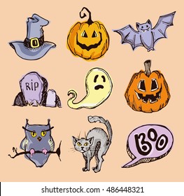 Halloween hand drawn characters and attributes doodle. Halloween Vector illustration.