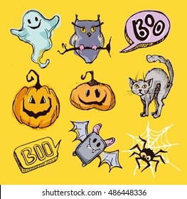 Halloween hand drawn characters and attributes doodle. Halloween Vector illustration.