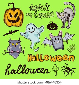 Halloween hand drawn characters and attributes doodle. Halloween Vector illustration.