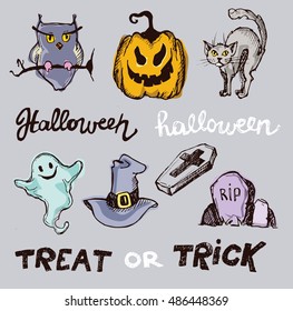 Halloween hand drawn characters and attributes doodle. Halloween Vector illustration.