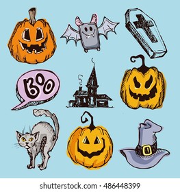 Halloween hand drawn characters and attributes doodle. Halloween Vector illustration.