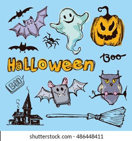 Halloween hand drawn characters and attributes doodle. Halloween Vector illustration.