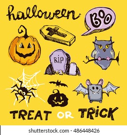 Halloween hand drawn characters and attributes doodle. Halloween Vector illustration.