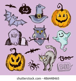 Halloween hand drawn characters and attributes doodle. Halloween Vector illustration.