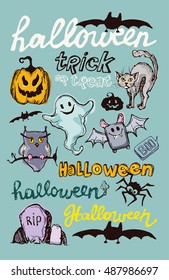 Halloween hand drawn characters and attributes doodle. Cat. Bat, Pumpkin. Halloween Vector illustration.