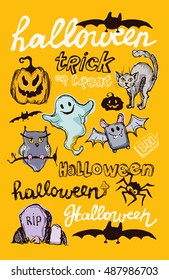 Halloween hand drawn characters and attributes doodle. Cat. Bat, Pumpkin. Halloween Vector illustration.