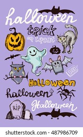 Halloween hand drawn characters and attributes doodle. Cat. Bat, Pumpkin. Halloween Vector illustration.