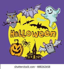 Halloween hand drawn characters and attributes doodle set. Halloween vector illustration. Vector illustration.