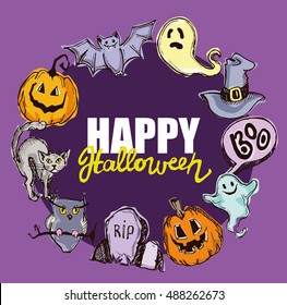 Halloween hand drawn characters and attributes doodle set. Halloween vector illustration. Vector illustration.