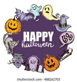 Halloween hand drawn characters and attributes doodle set. Halloween vector illustration. Vector illustration.