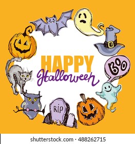 Halloween hand drawn characters and attributes doodle set. Halloween vector illustration. Vector illustration.