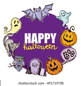 Halloween hand drawn characters and attributes doodle set. Halloween vector illustration. Vector illustration.