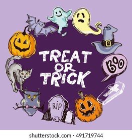 Halloween Hand Drawn Characters Attributes Doodle Stock Vector (Royalty